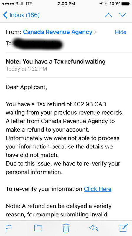 Canadian Revenue Agency Tax Refund Notice is an Email Phishing Scam